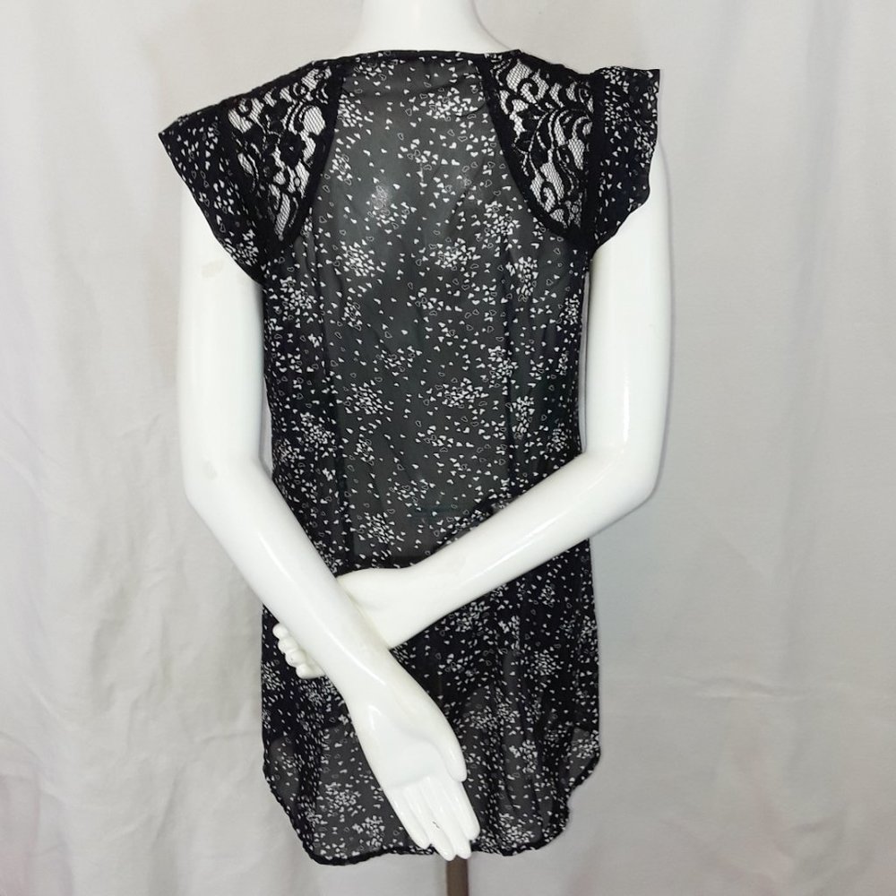 VTG Black & White Heart Chiffon Lace Cap Sleeve Sheer Blouse L - Picture 5 of 5